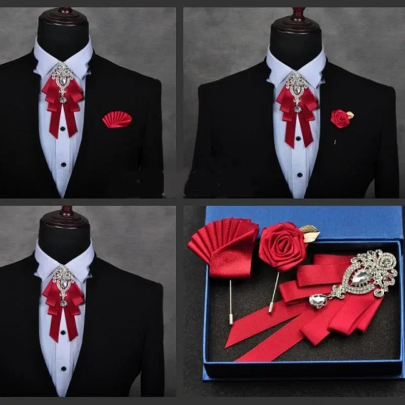 Fashion Handmade Bow Tie Wedding Collar Luxury Rhinestone Bowtie Necktie Brooch Pocket Towel Square Set Gift for Men Accessories