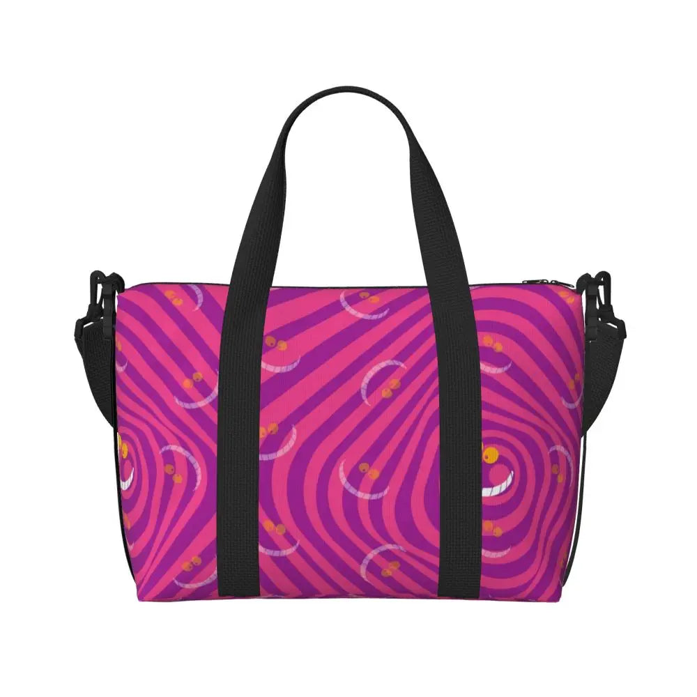 Custom Cheshire Cat Beach Tote Bag for Women We're All Mad Here Cat Big Compartment Gym Beach Travel Bags