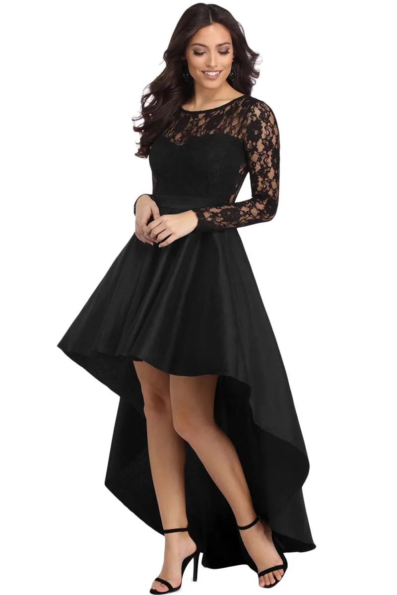 New Spring Elegant Dresses for Women Long Sleeve Lace High Low Satin Prom Evening Dress Cocktail Party Gowns Vestido Feminino