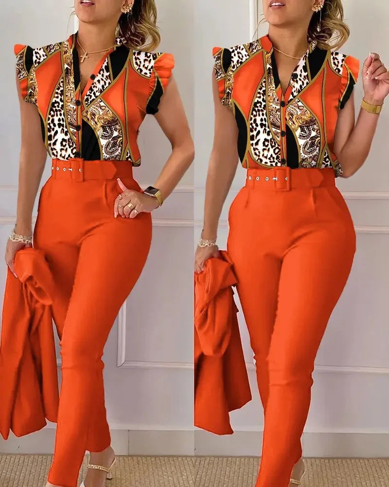 Elegant Women Two Piece Set Suits New Fashion Printed Ruffle Sleeve Top Solid Color Pants Set With Belt  Blouses Female Clothing
