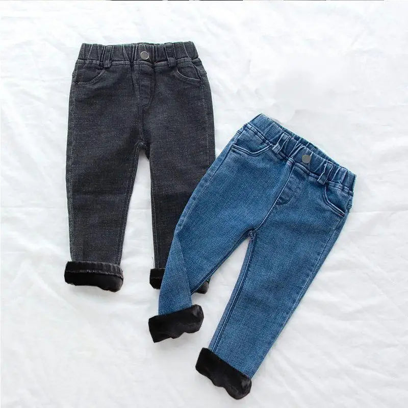 Baby Kids Spring Autumn Winter Thick Warm Jeans With Fleece For 1-7 Years Boys Girls Casual Denim Pants Kids Children Trousers