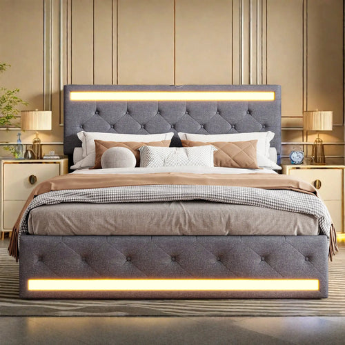 Polsterbett Mit Stauraum Lichtleiste USB Ladefunktion 4 Schubladen