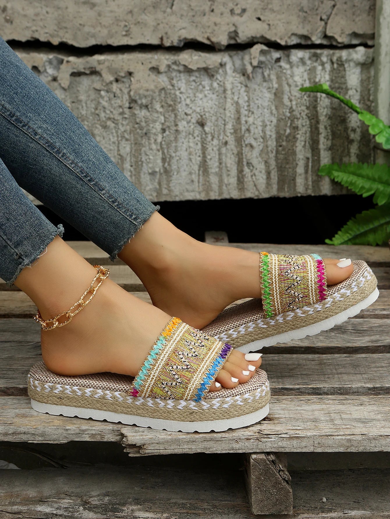 Gewebte Damen Pantoletten Platform - Sommer Schuhe für Damen 2025 Neu - Strand Casual Absatz Sandalen Bohemian Handgemacht Espadrilles
