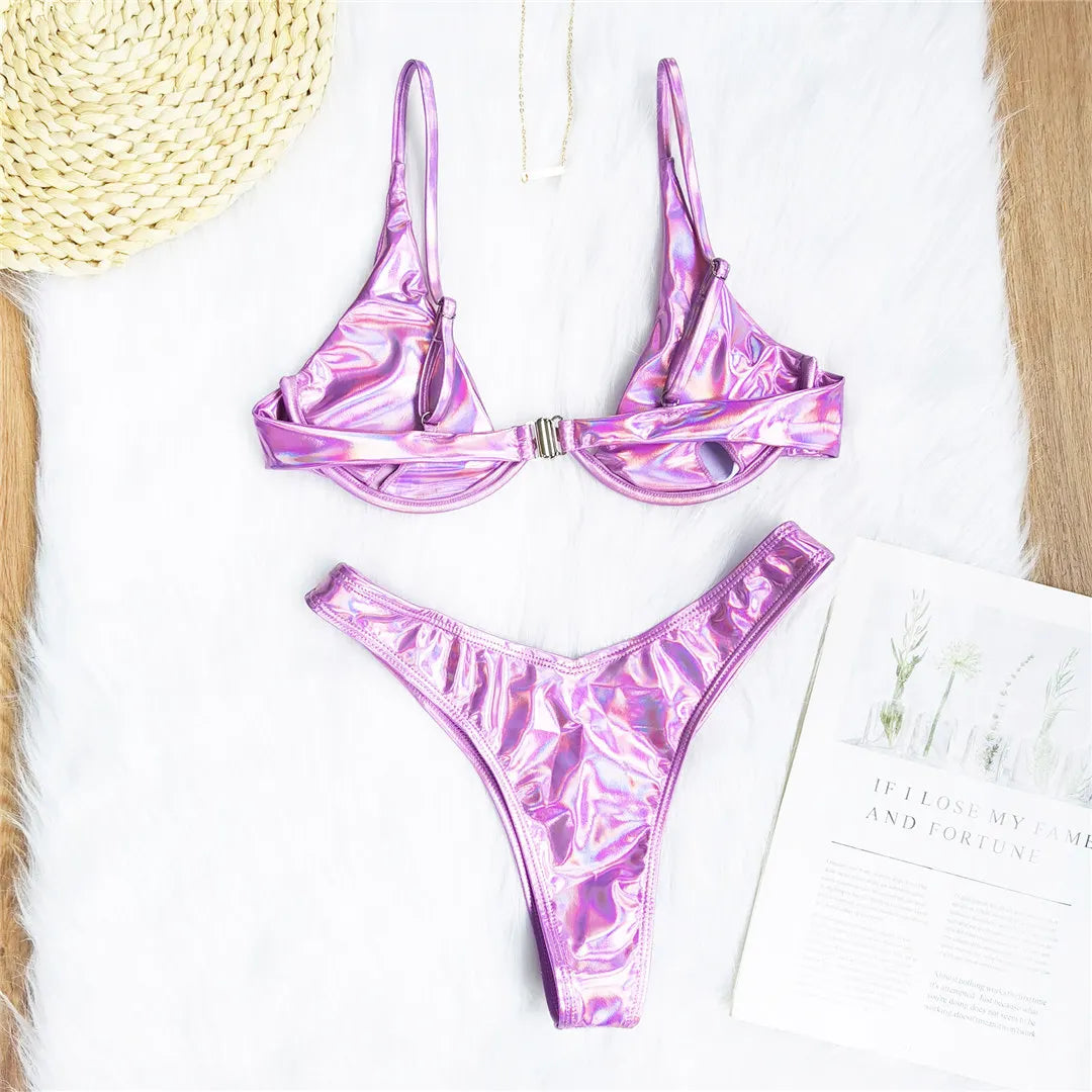 V-bar Bügel Bikini S-XL Damen Schwimmanzug Underwire-Technologie Low Waist Zweiteilig V-Form Bügel Polyester Spandex