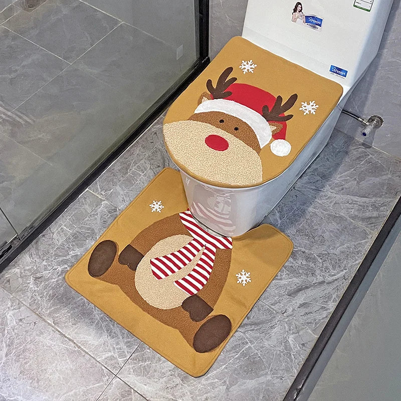 Creative Santa Claus Snowman Toilet Covers Cartoon Toilet Mat Toilet Seat Lid Cover Floor Carpet Set Christmas Decoration