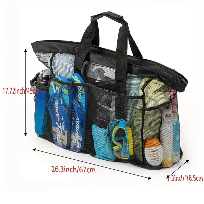 Extra Large Beach Bag - Lightweight, waterproof, foldable, with mesh straps, zippered pockets and fixed shoulder straps