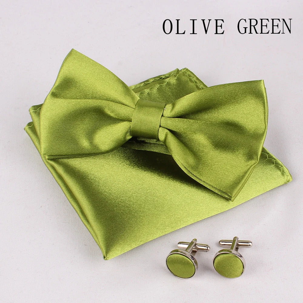Solid Colors Polyester Adjustable Men's Accessory Set Elegant Pre-Tied Bow Tie Matching Pocket Square & Cufflinks for Wedding