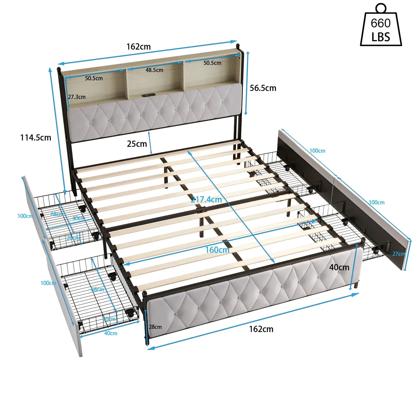 Polsterbett 180x200 cm Mit Stauraum Und LED USB Beleuchtung