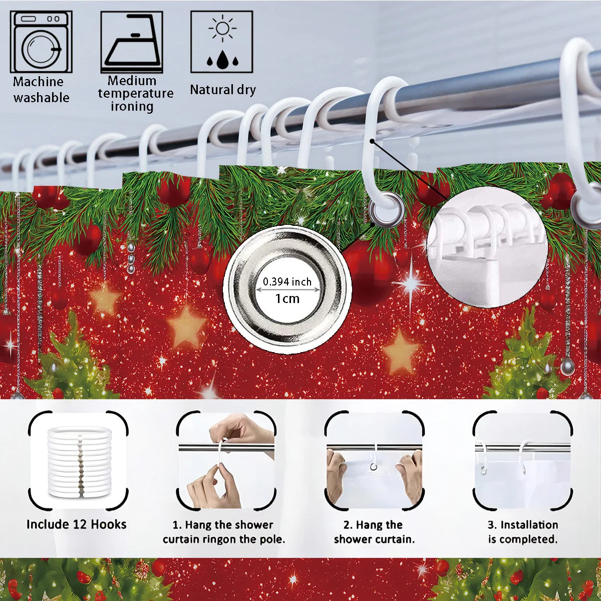 4pcs Merry Christmas Christmas Tree Printed Bathroom Set 180x180 Waterproof Shower Curtain, Floor Mat, U-shaped Mat, Toilet Mat