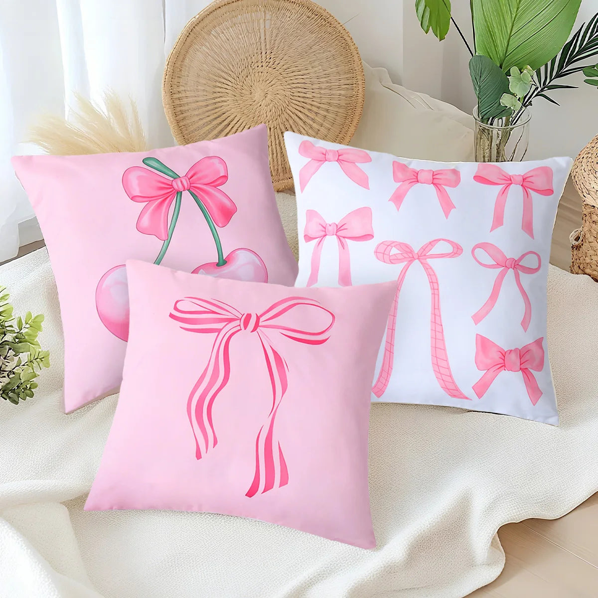 4pcs Pink Bow Cherry Pattern Printed Pillowcase Birthday Cushion Cover Sofa Cushion Cover Pink Bow Party Decoration Supplies