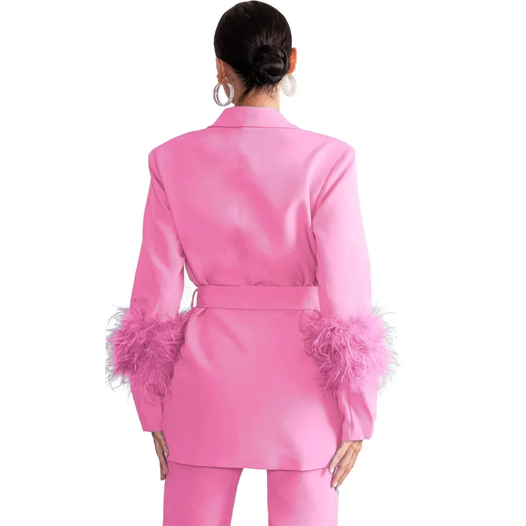 Elegant Women 2 Piece Set Solid Notched Neck Blazer Zipper Long Pants Feather Upright Coat Ladies Suit Fall Winter Office Wear