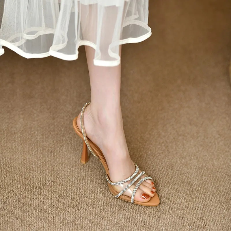 Women Summer Rhinestone Slingback Pumps Office Lady Transparent Heeled Sandals Elegant Pointed Toe Female Sexy High Heels