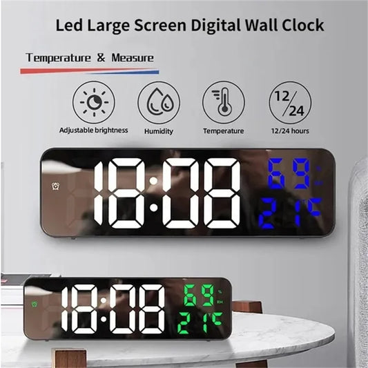 Led Wall Clock Large Screen Digital Mirror Adjustable Brightness Temp Humidity Date Display Alarm Clocks for Home Living Room