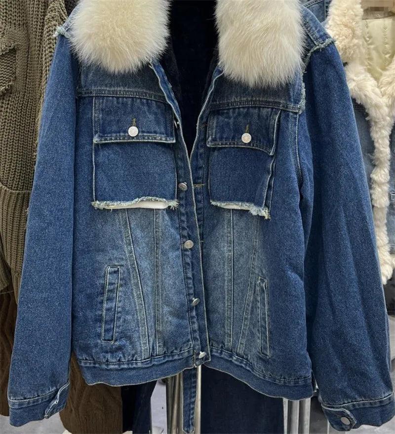 Real Fox fur thick warm denim parkas female winter coat