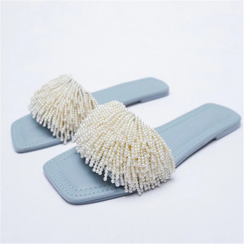 Pearl Beads Women Slippers Blue Flat Shoes Female Summer Outside Slides Ladies Casual Beach Slipper Handmade Gladiator Sandals