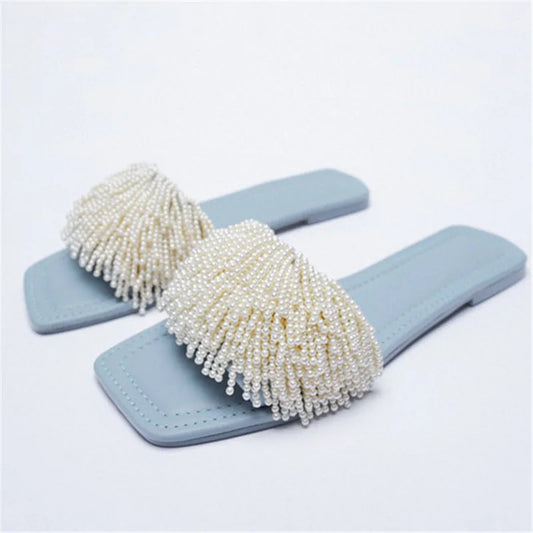 Pearl Beads Women Slippers Blue Flat Shoes Female Summer Outside Slides Ladies Casual Beach Slipper Handmade Gladiator Sandals