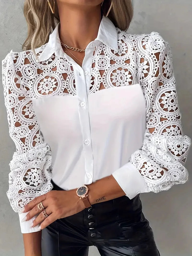 Elegant  Women Blouse White Shirt Lace Hollow Panel Long Sleeve Solid Shirts Office Lady Tops Blusas Mujer Elegantes Y Juveniles