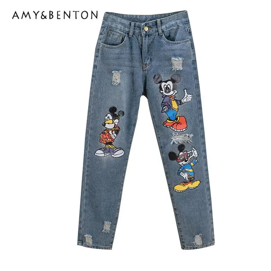 Cartoon Jeans Women 2023 Spring Summer Ripped Print High Waist Loose Slimming Cropped Harem Pants Long Baggy Trousers