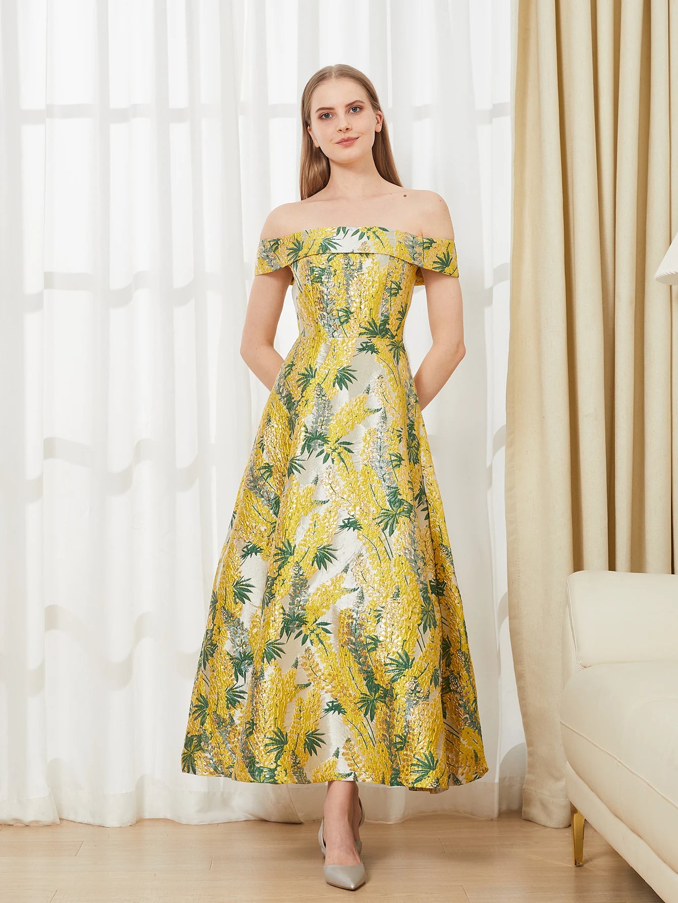 Belle Mode Abendkleid Off-Shoulder Jacquard - Maxi Lang