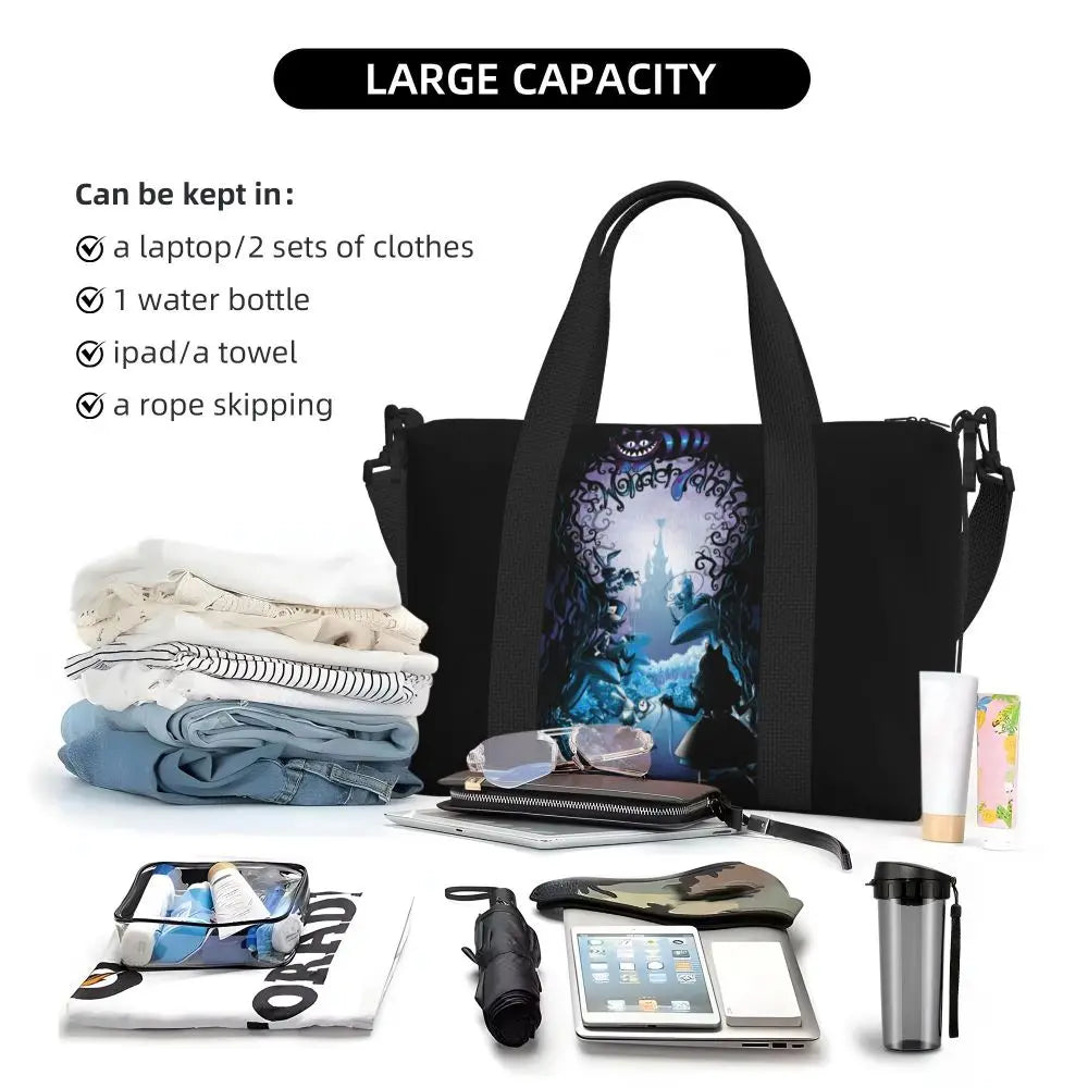 Custom Cheshire Cat Beach Tote Bag for Women We're All Mad Here Cat Big Compartment Gym Beach Travel Bags