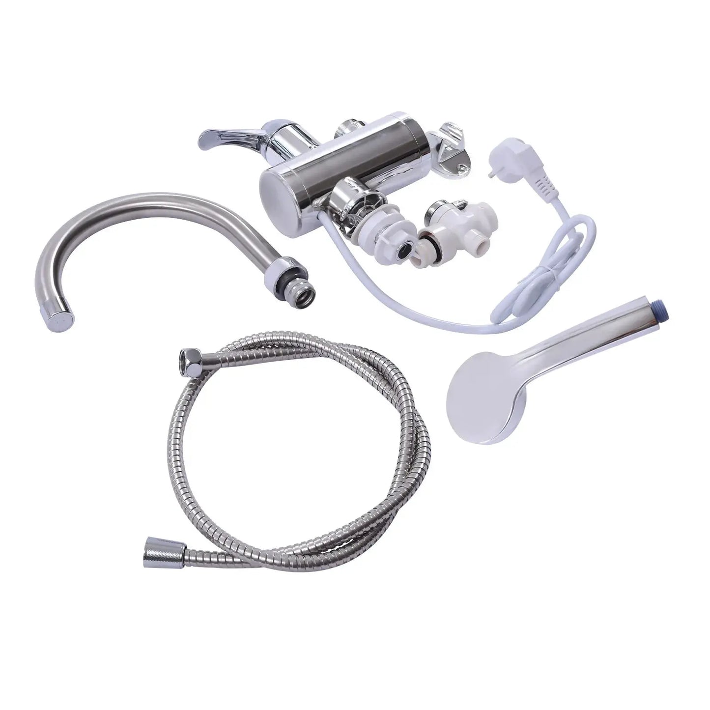 360 °   Drehbarer elektrischer Wasserhahn mit LCD-Display, 3000 W, schnelles Aufheizen, IPX4, wasserdicht, EU-Stecker für Waschbecken und Dusche, Silber