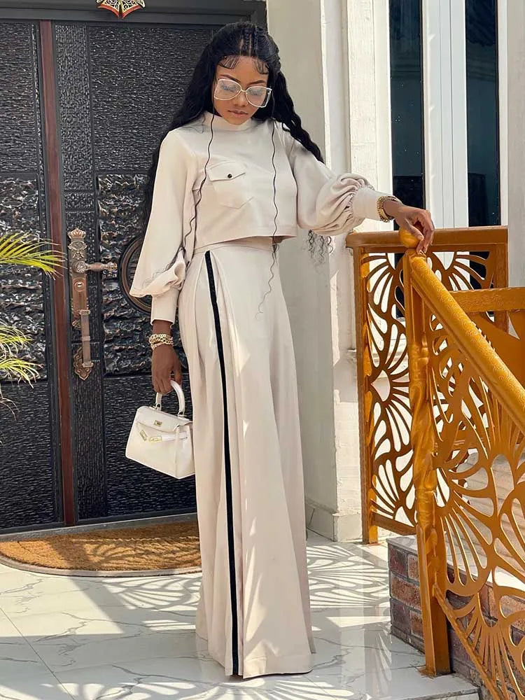 Elegant Women's Sets Two Pieces Solid Color Set Autumn Spring Piece Long Sleeve Loose Blouse and Pants Female Suit Bourgeois