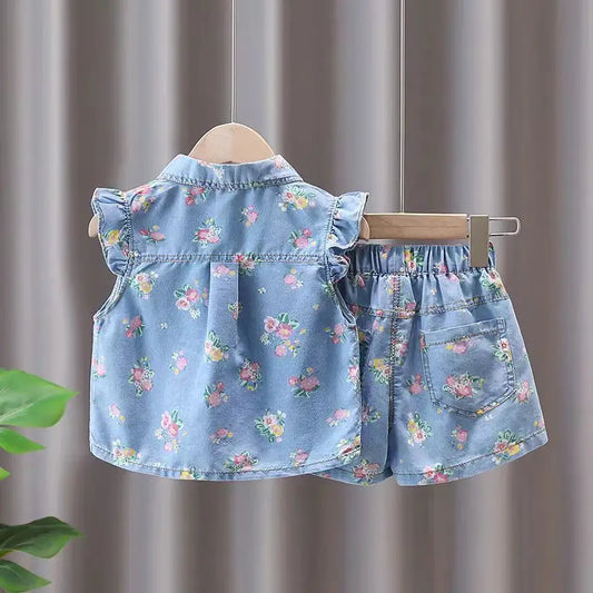 Children's Clothing Sets Floral Print Lace Sleeveless Top + Shorts 2pcs Sets  Baby Girl Outfit Set Kids Clothes for Girls