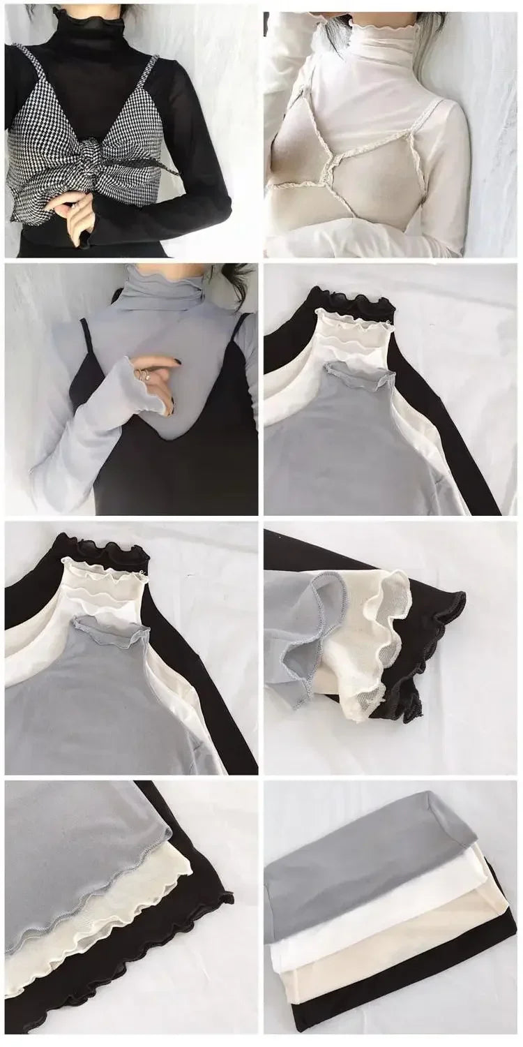 Sexy Women T Shirt See Through Transparent Tops Long Sleeve Ladies T-Shirt Pink Green Basic Top for Female Bottoming Blouses