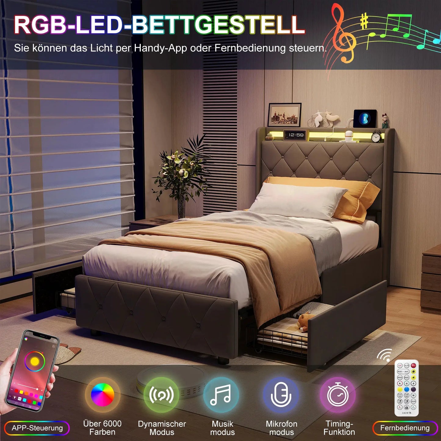 Gepolstertes Bett LED Beleuchtung USB Ladeanschluss Vier Schubladen