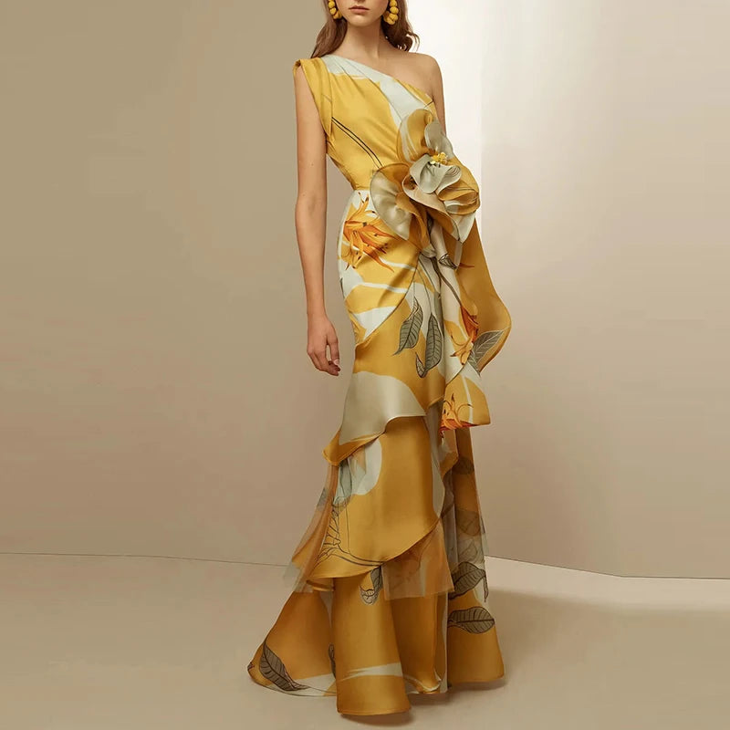 Bella Boho Kleid Blumenprint - High Waist Drapiert Lang