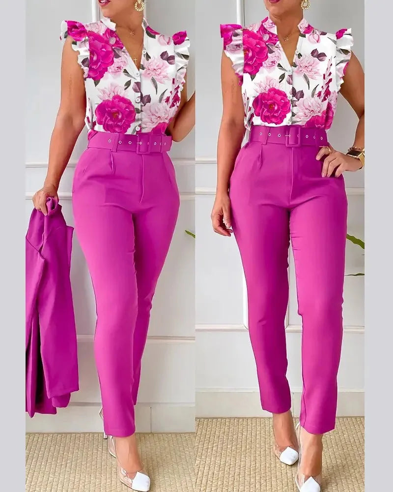 Elegant Women Two Piece Set Suits New Fashion Printed Ruffle Sleeve Top Solid Color Pants Set With Belt  Blouses Female Clothing