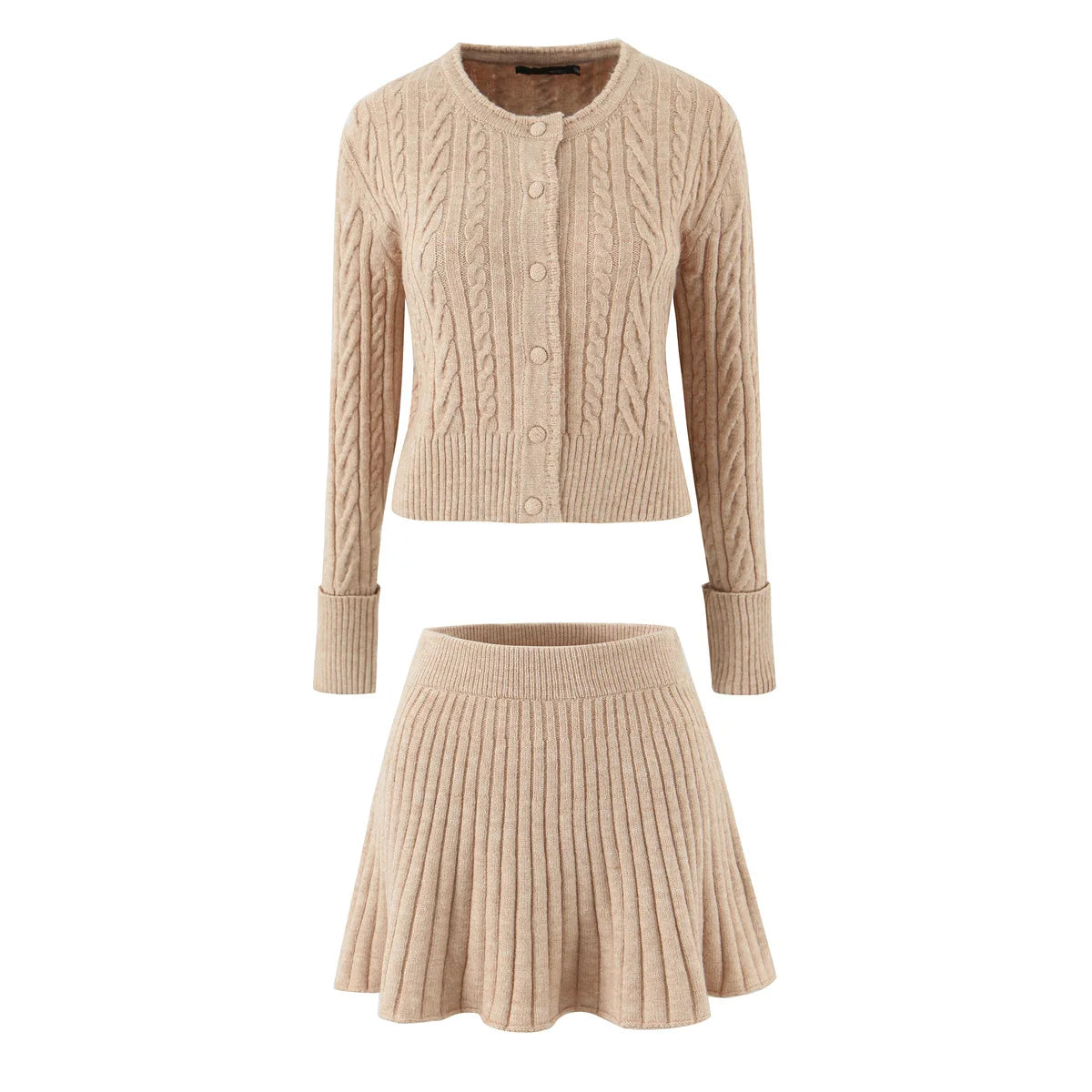 ZJOAN SHOWCN O-Neck Cardigan Set - Knopfverschluss Kurzrock Elastischer Bund Grau Khaki Größe Regular Extra-Heavy