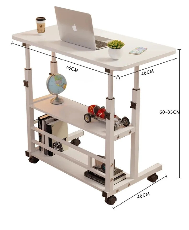 Three-layer Multifunctional Folding Desk with Wheels, Adjustable Height and Storage Shelves，Suitable for Bedroom, Outdoor Office