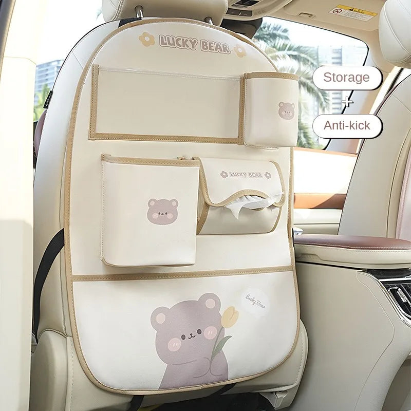 Cute Cartoon Car Seat Back Storage Bag Leather Multifunction Car Backseat Organizer Cup Holder Tissue Holder Anti Kick Pad