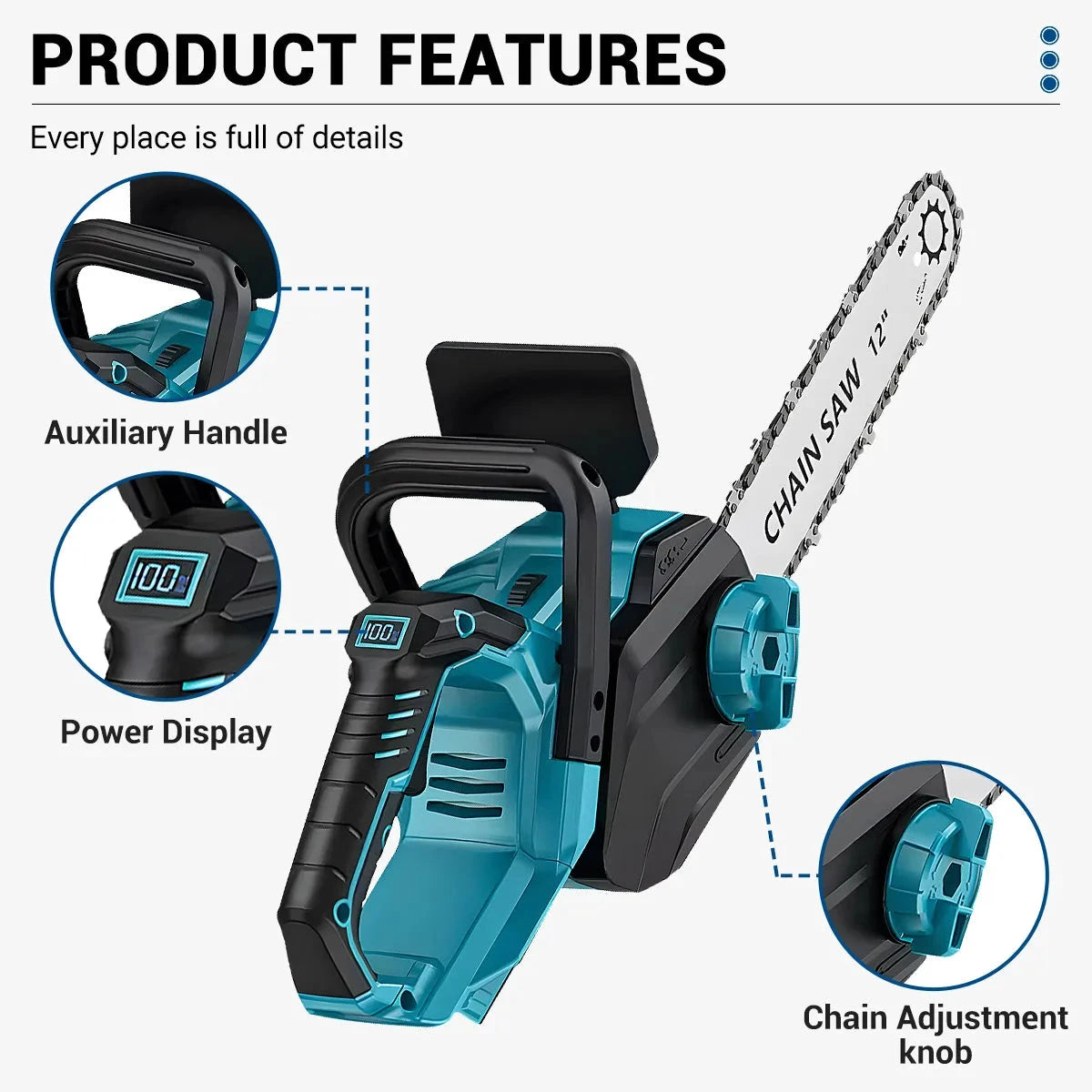 DRILLPRO Akku-Kettensäge Bürstenlos - 12-Zoll, 1200 W, 2.5 Ah by Golden Bridge Store