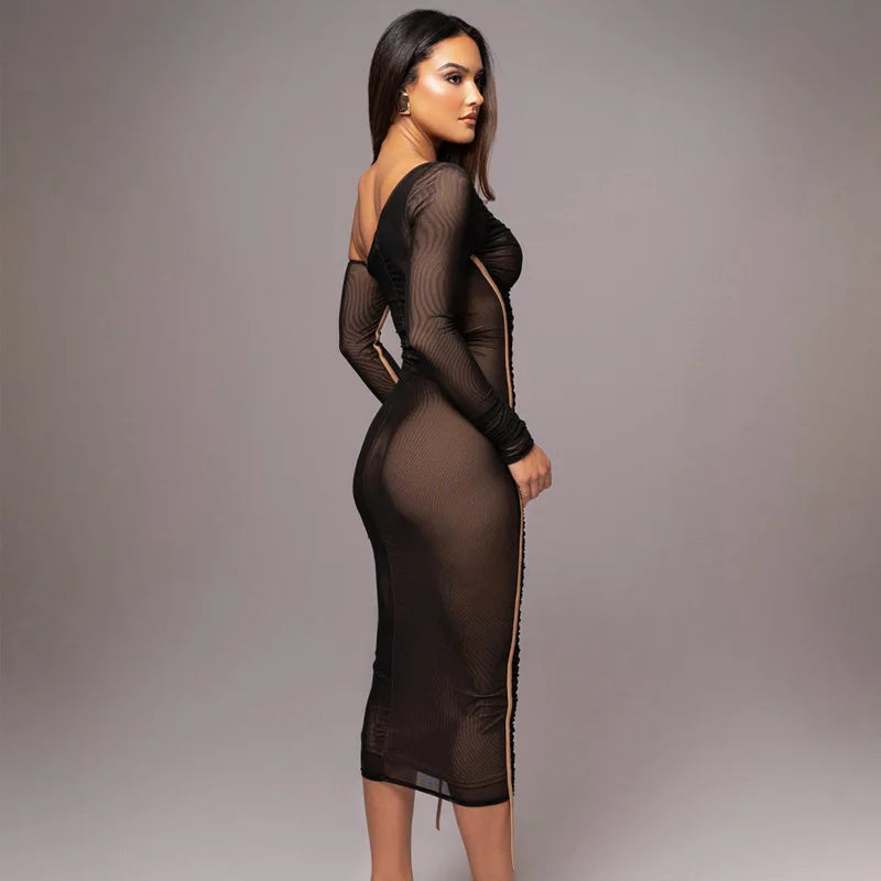 Elegant Women Dresses Diagonal Collar Long Sleeve Two Layer Mesh Backless Pleated Bodycon Sexy Club Party Evening Dress