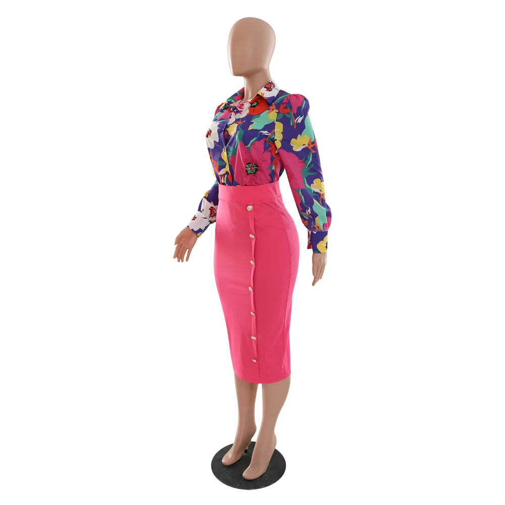 Elegant 2 Piece Set Women OL Outfits Fashion Business Long Sleeve Print Blouse Shirt High Waist Bodycon Skirt Sexy Office Work