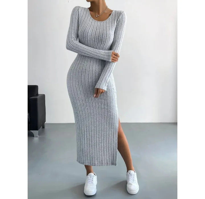Damen Kleid 2025 - Casual Elegant Women Dresses Autumn Winter Long Sleeve Round Neck Split
