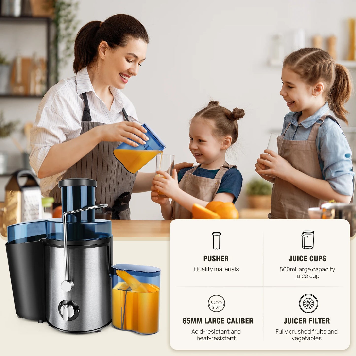900W Zentrifugal-Saftor - Für ganze Früchte und Gemüse, 65mm breite Öffnung, 2 Geschwindigkeiten, 500ml Kapazität