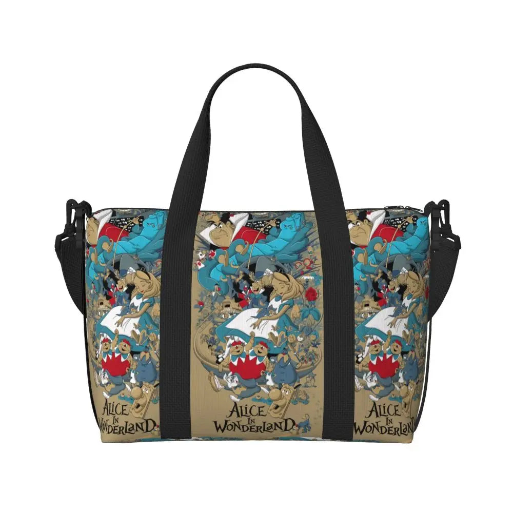 Custom Cheshire Cat Beach Tote Bag for Women We're All Mad Here Cat Big Compartment Gym Beach Travel Bags