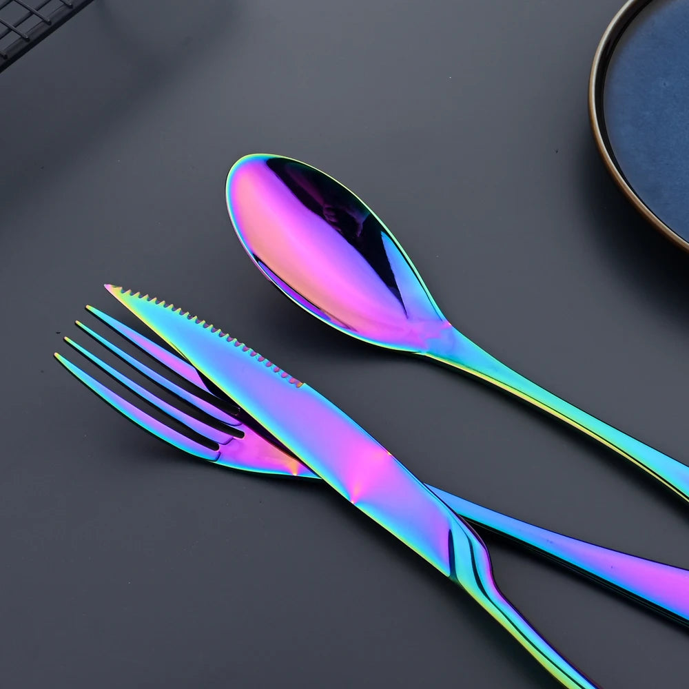 Tafelgeschirr Set Edelstahl 2025 - Küche Besteck Set Schwarz Steak Messer - Dessert Löffel Besteck Gabel Tafelgeschirr Zubehör