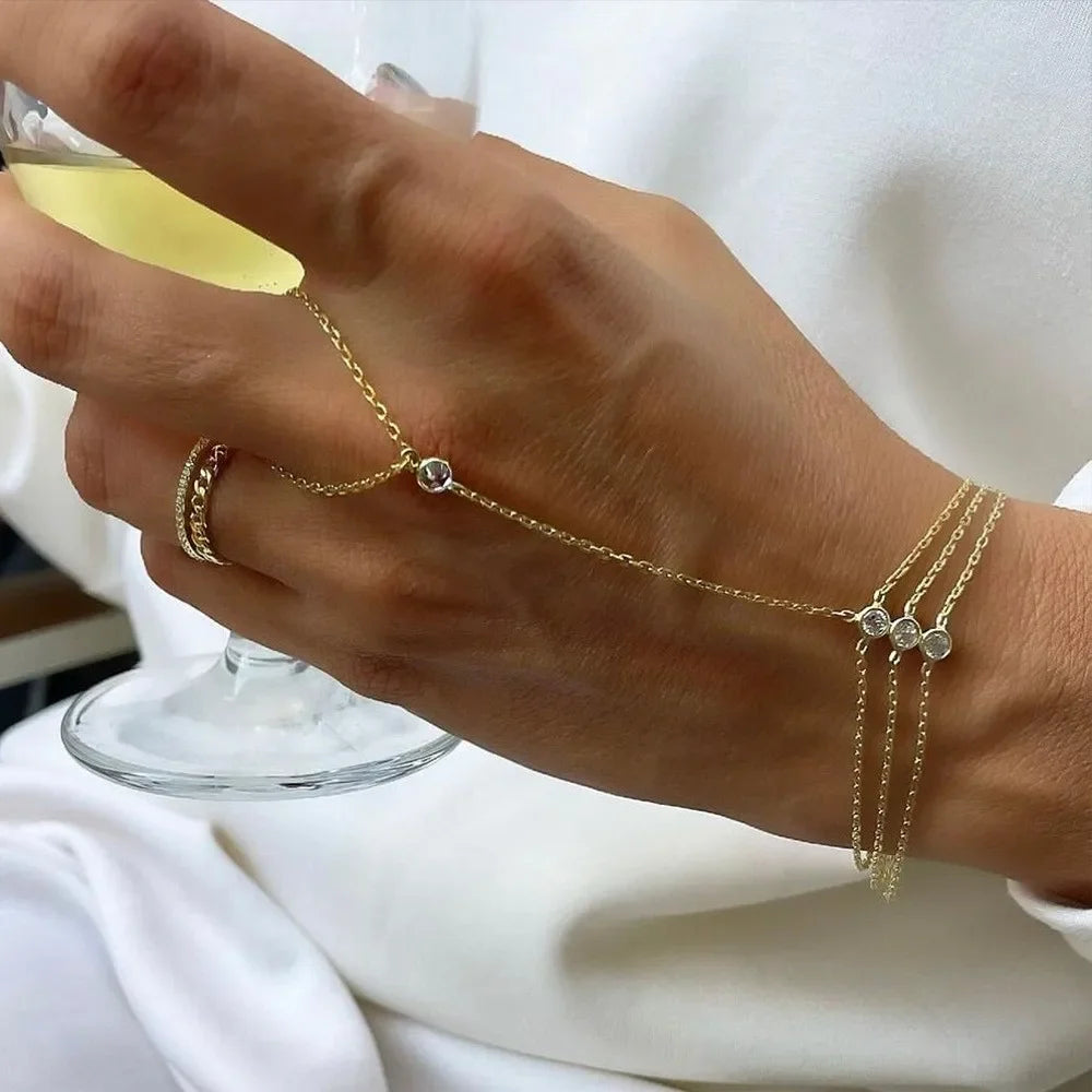 Luxus Mehrschichtig Strass Perlen Link Ring Armband Für Frauen Edelstahl Zirkon Hand Kette Armband Trendy Boho Schmuck
