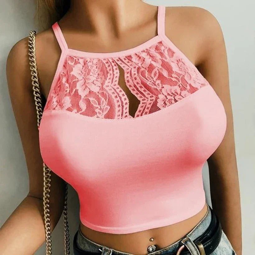 MOONBIFFY Crop Top 2025 - Spitzen Crop Top mit Spaghetti-Trägern & Blumenmuster