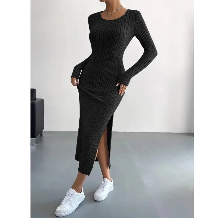 Damen Kleid 2025 - Casual Elegant Women Dresses Autumn Winter Long Sleeve Round Neck Split
