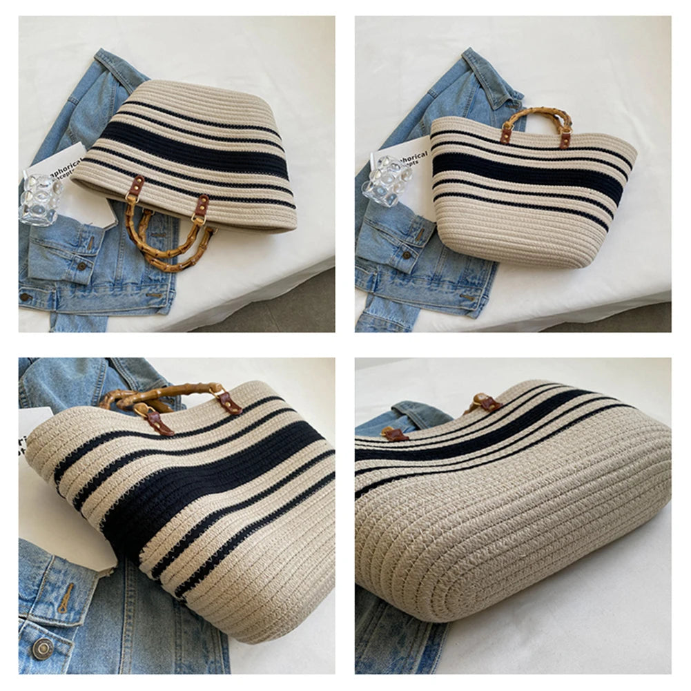 Beach Vacation Bags Bamboo Handle Holiday Hand Bag Large Capacity Striped Portable Casual Fashion Exquisite for Seaside Party