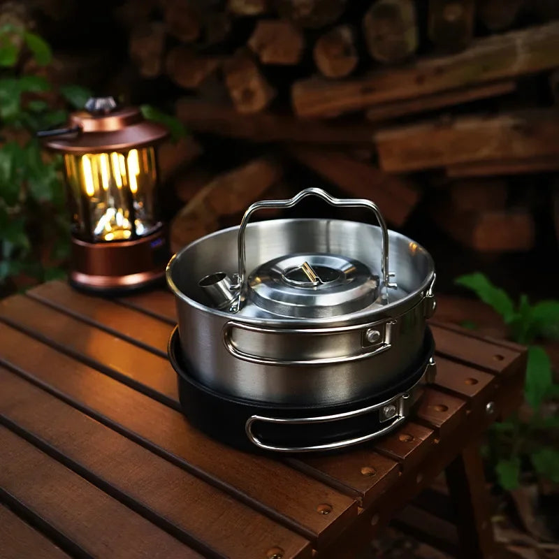 New Set 4pcsOutdoor Stainless Steel Pot Set Camping Family Pot Set 1L Portable Picnic Soup Pot Frying Steaming Household Camping