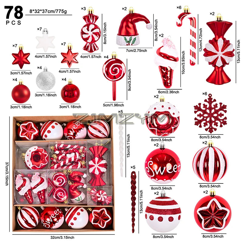 LA9682 Weihnachtsbaumschmuck - Bruchfest, 78 Stück, Rot Weiß