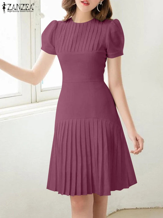 Elegant Office Lady Dresses 2025 Summer Dress ZANZEA Women Elegant Short Puff Sleeve Pleated Party Vestidos Knee Length Robe