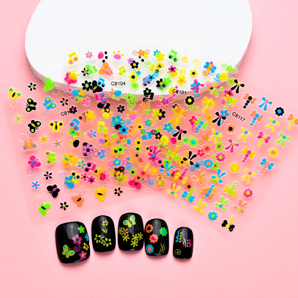 Nagel-Sticker 2025: Schmetterling-Blumen Luminous 3D - Glow-in-Dark Manicure Collection