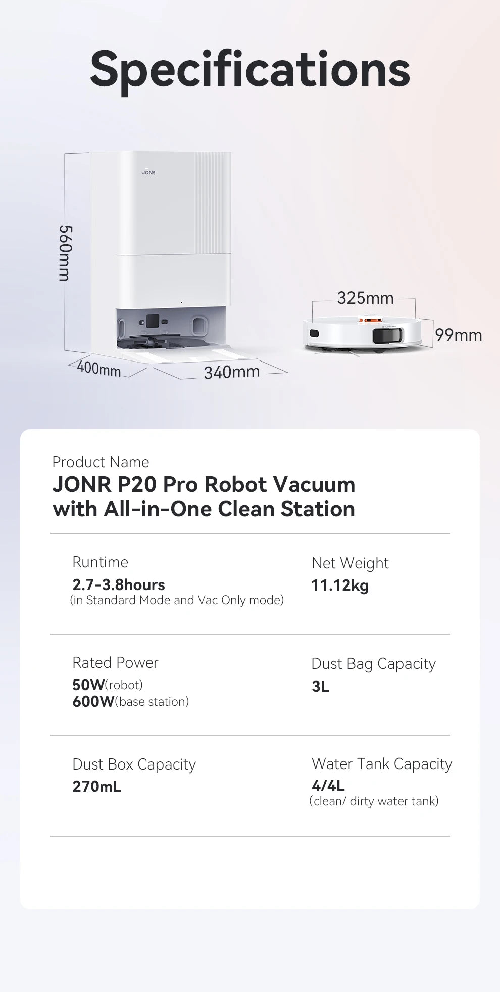 JONR P20 Pro Wischfunktion - Staubbeutel 3L Robot-Leistung 50W Wassertank 4L